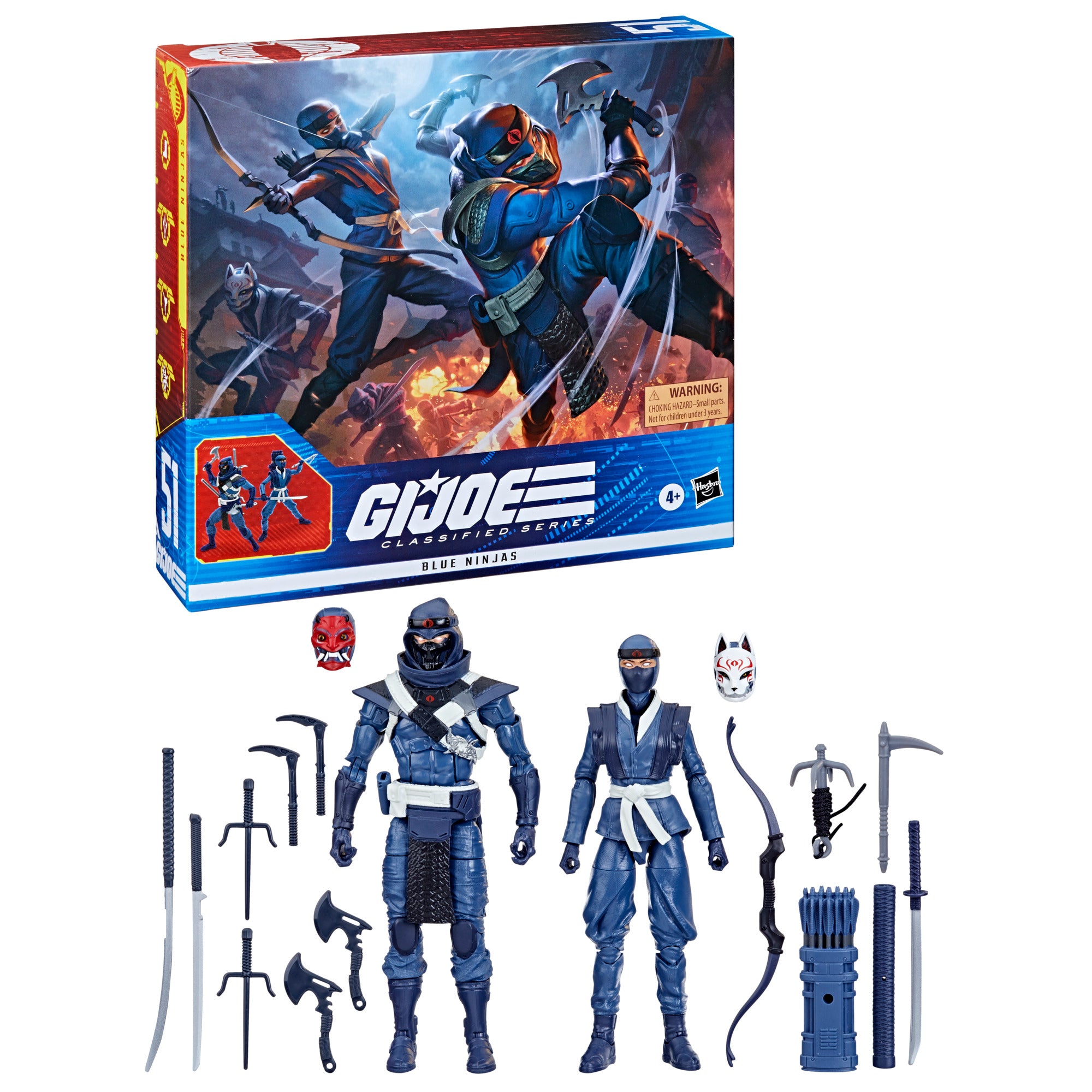G.I. Joe Classified Series Blue Ninjas 2-Pack combo flat lay white background showing both figures with all 16 accessories and footlocker
