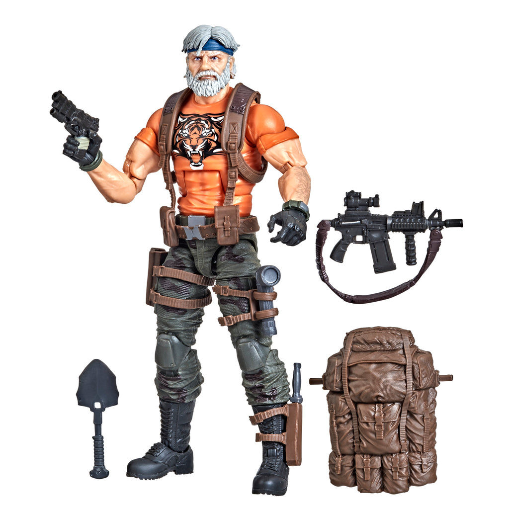 G.I. Joe Classified Series Outback Selkirk white background figure holding pistol with assault rifle, shovel, knife, and large backpack accessories