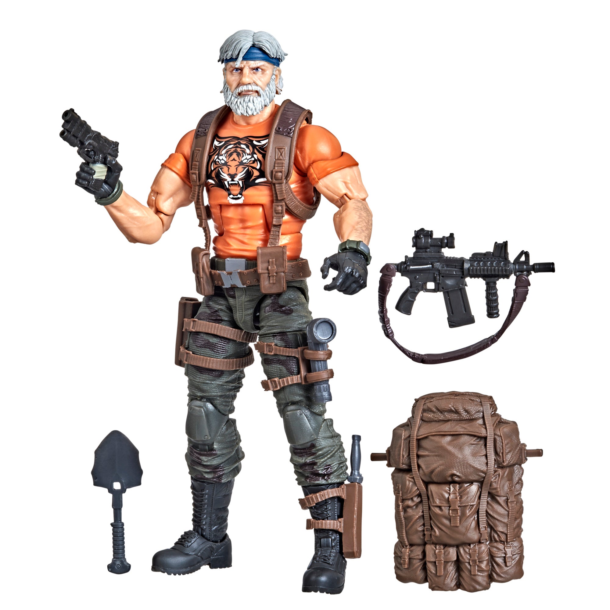 G.I. Joe Classified Series Outback Selkirk white background figure holding pistol with assault rifle, shovel, knife, and large backpack accessories