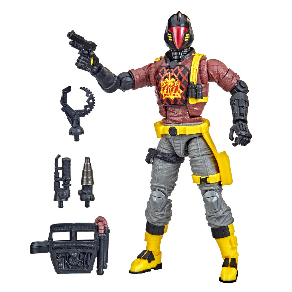 G.I. Joe Classified Series Python Patrol B.A.T. white background figure holding pistol with claw, blaster arm, chest unit and accessories laid out