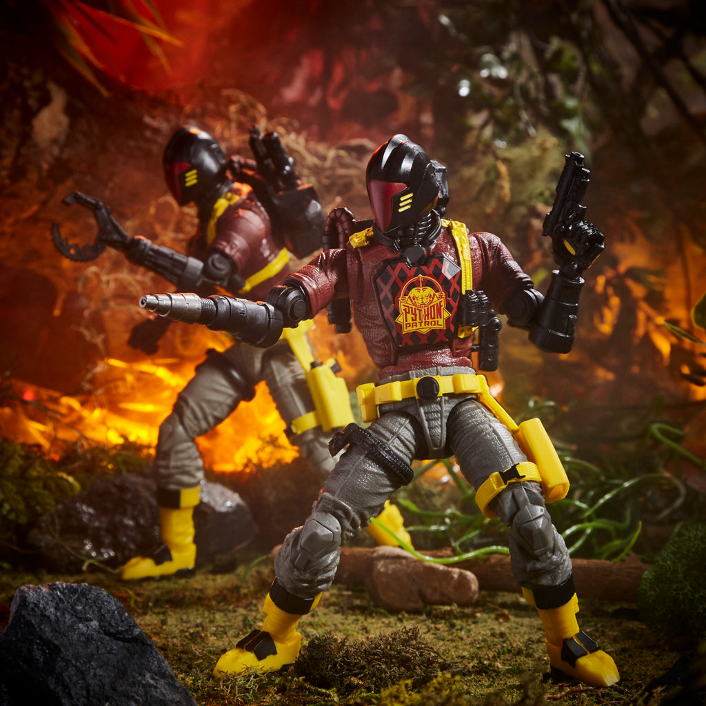G.I. Joe Classified Series two Python Patrol B.A.T. figures in jungle fire diorama dual-wielding blaster and pistol in combat poses
