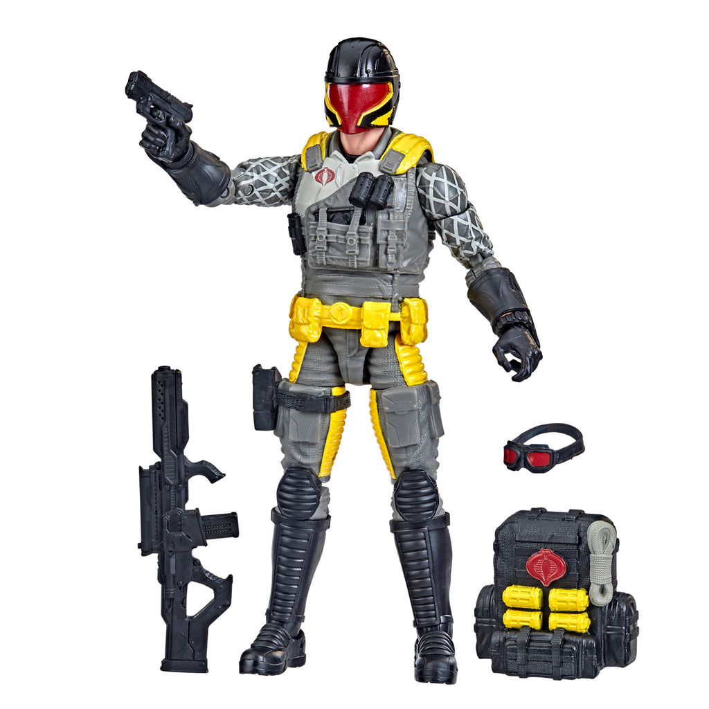 G.I. Joe Classified Series Python Patrol Cobra Viper white background figure holding pistol with assault rifle, goggles, and Cobra tactical backpack accessories