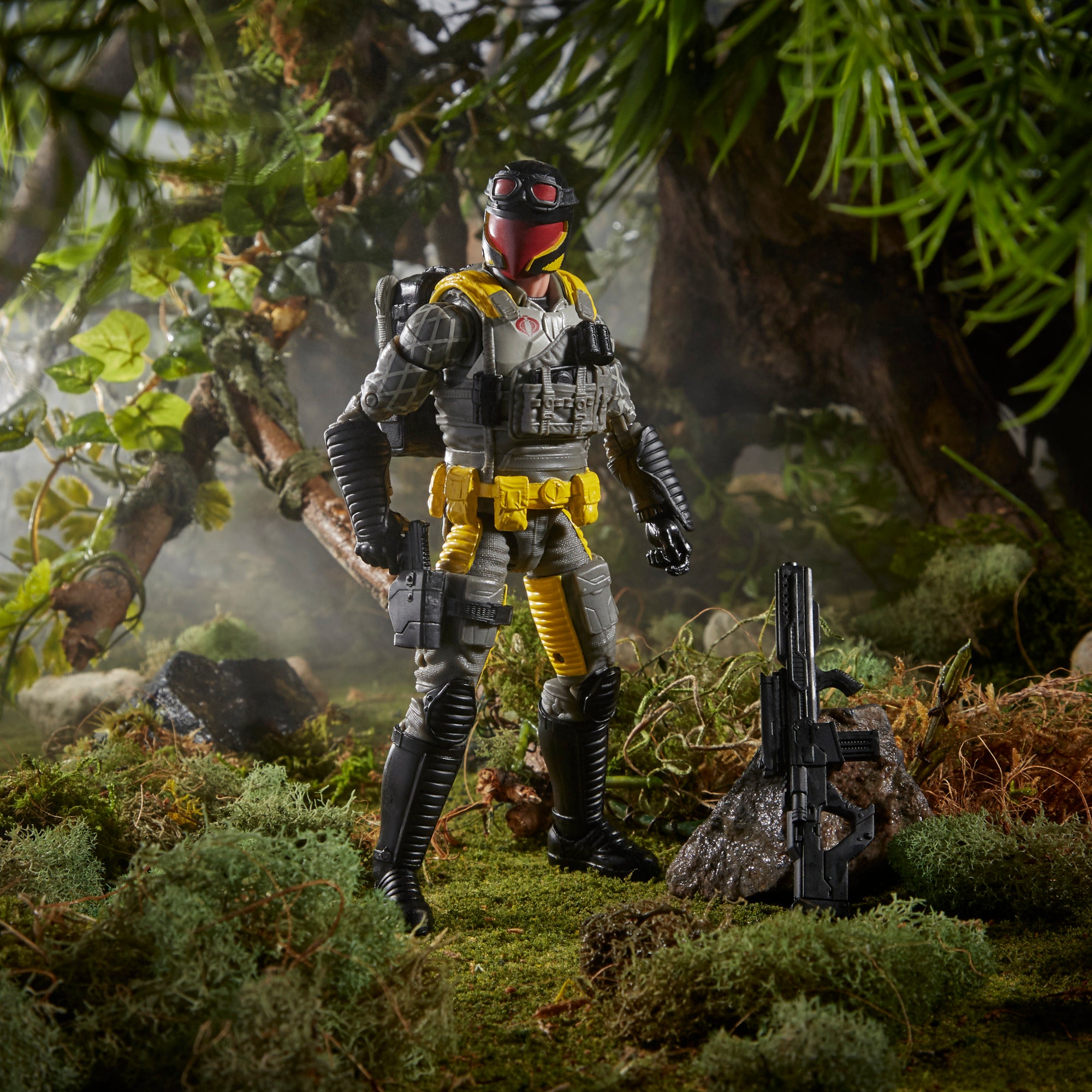 G.I. Joe Classified Series Python Patrol Cobra Viper standing in jungle diorama holding assault rifle with Cobra backpack