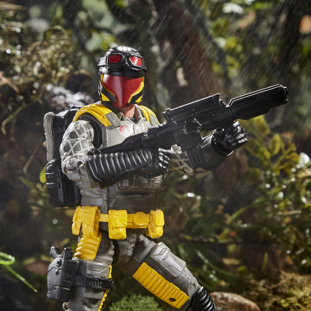 G.I. Joe Classified Series Python Patrol Cobra Viper close-up in rain holding SMG showing red-lens visor and Python Patrol chest detail