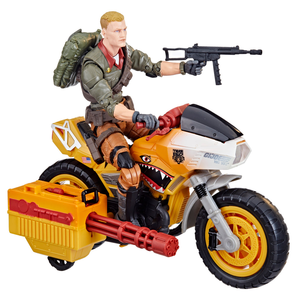 G.I. Joe Classified Series Tiger Force Duke & RAM cycle detail shot showing tiger shark nose art and Tiger Force logo
