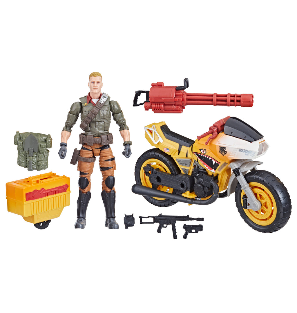 G.I. Joe Classified Series Tiger Force Duke standing beside RAM cycle white background with all 7 accessories laid out