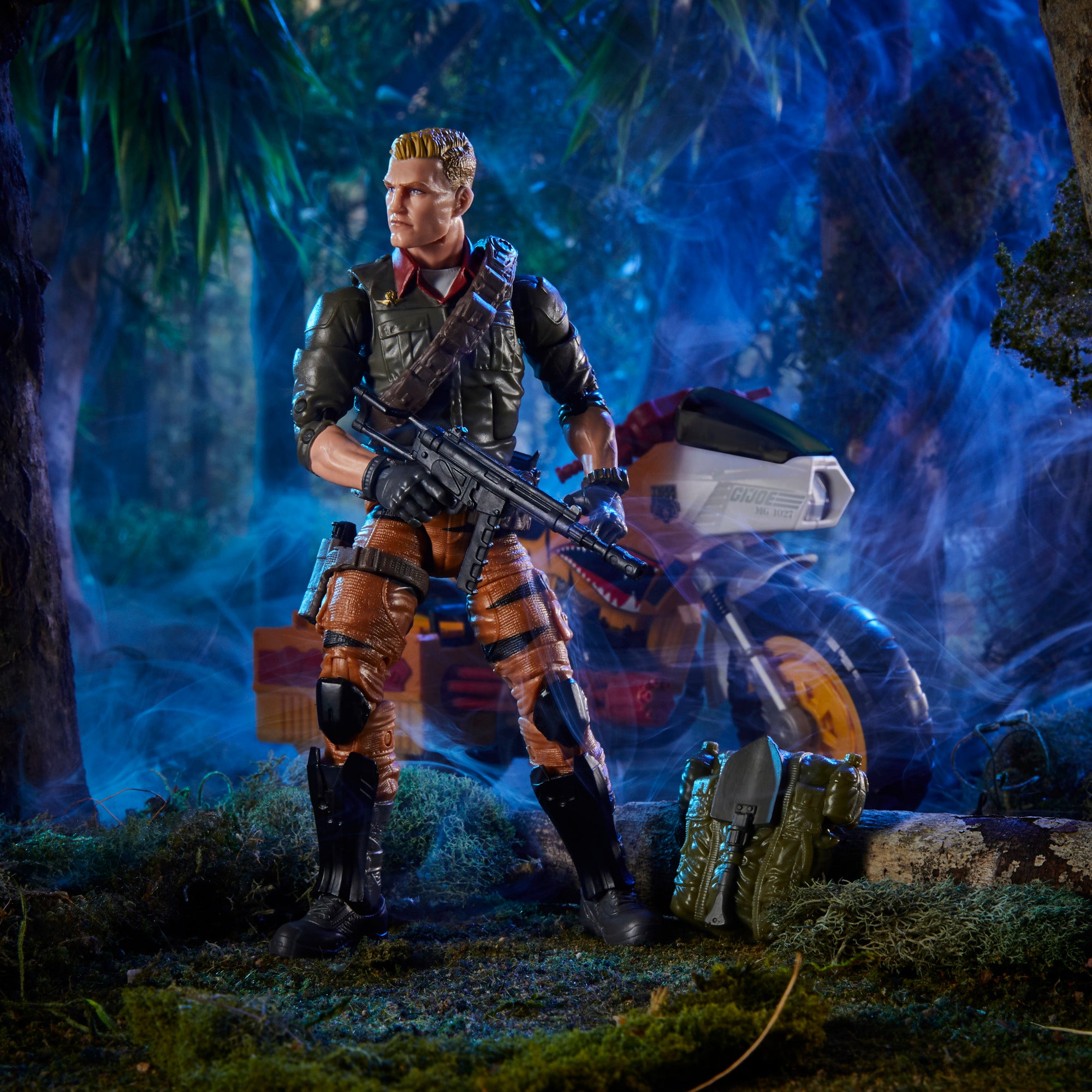 G.I. Joe Classified Series Tiger Force Duke leaning on RAM cycle in jungle diorama with blue atmospheric lighting