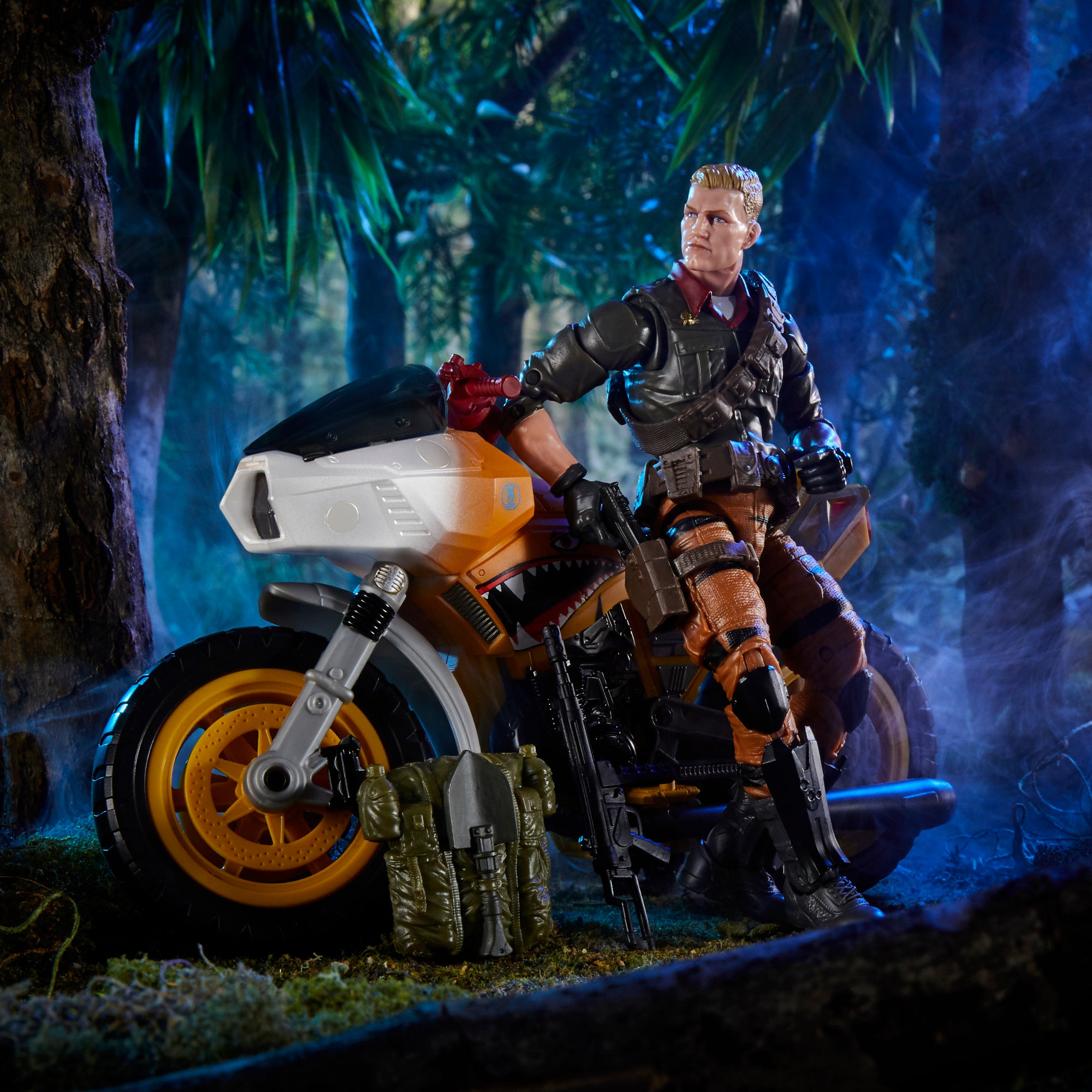 G.I. Joe Classified Series Tiger Force Duke riding RAM cycle through misty jungle diorama with smoke effect