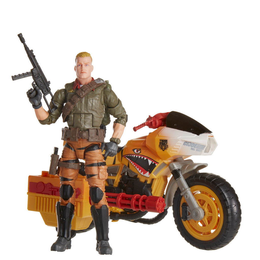 G.I. Joe Classified Series Tiger Force Duke riding RAM cycle white background aiming SMG with backpack and footlocker