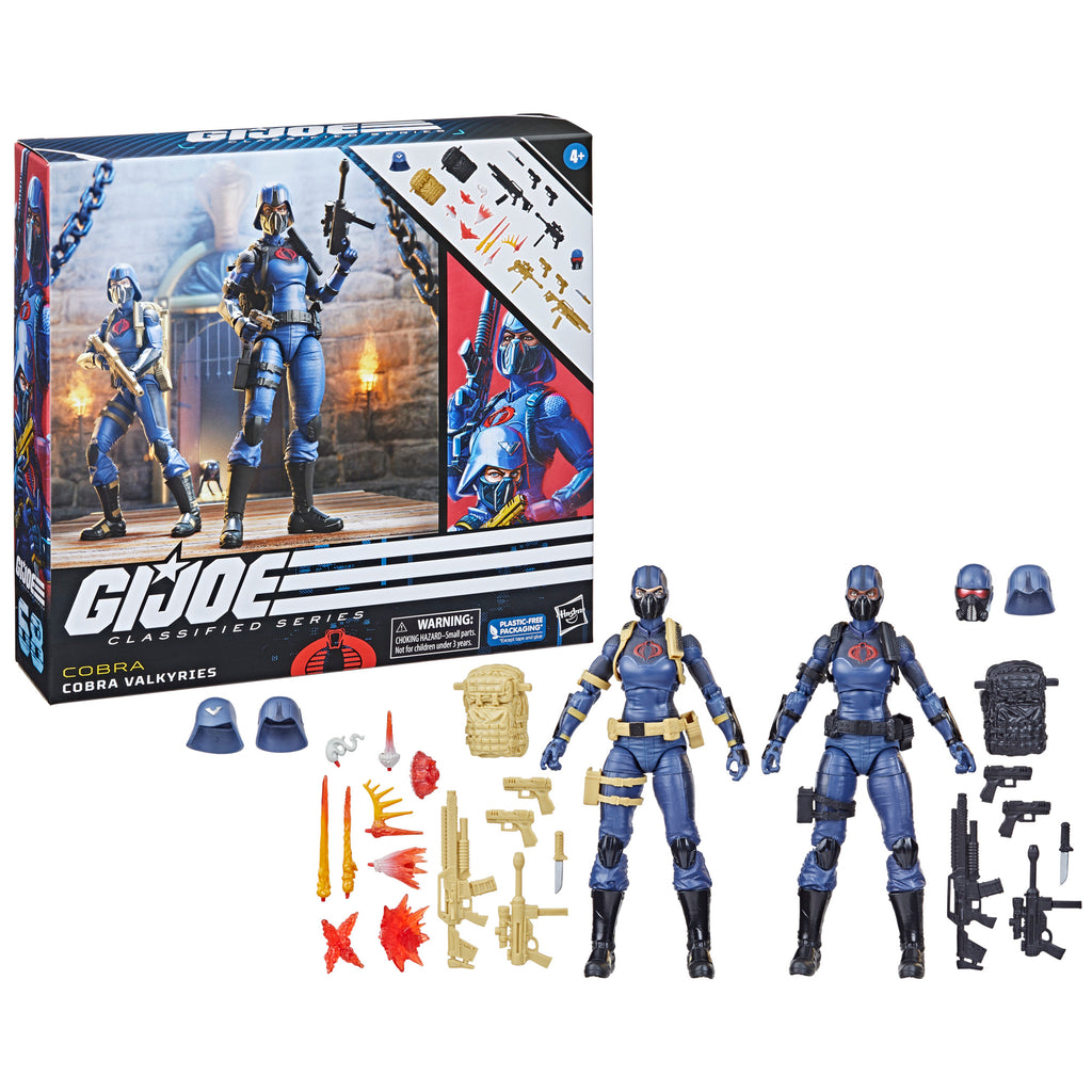 G.I. Joe Classified Series Cobra Valkyries white background combo flat lay with both figures and all 25 accessories