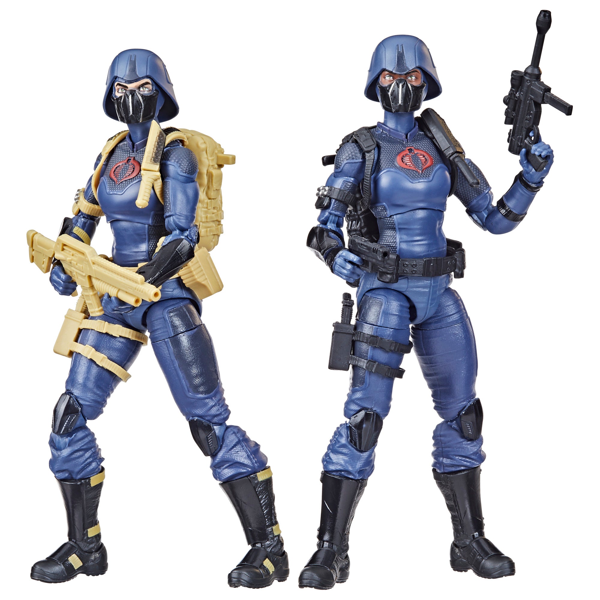 G.I. Joe Classified Series Cobra Valkyries white background detail shot showing Cobra blue tactical suits and Cobra sigil chest plates