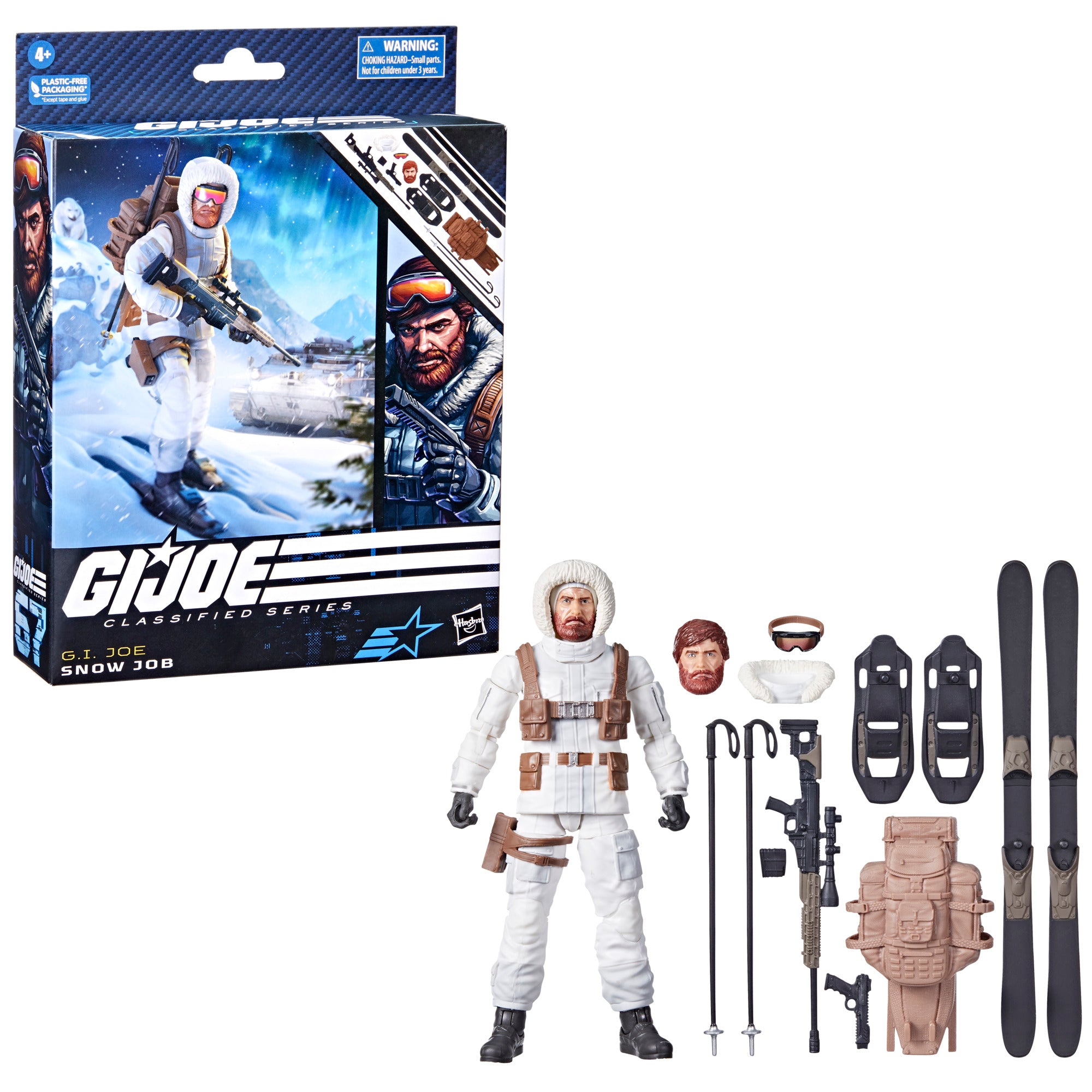 G.I. Joe Classified Series Snow Job white background combo flat lay with all 13 accessories: skis, snowshoes, ski poles, sniper rifle, pistol, backpack, goggles, alternate head
