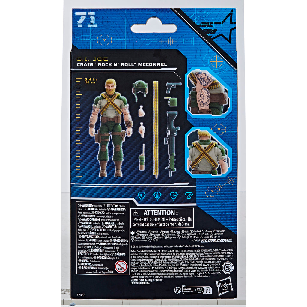 G.I. Joe Classified Series Rock 'N Roll box back showing figure scale and accessory layout