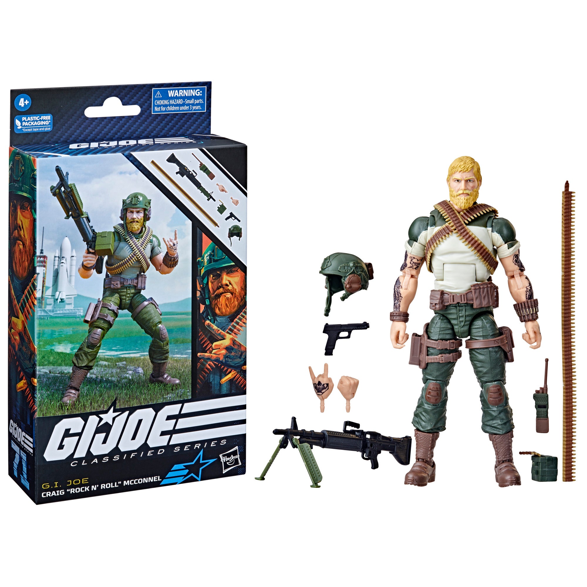 G.I. Joe Classified Series Rock 'N Roll white background combo flat lay with all 7 accessories: M60 with bipod, pistol, helmet, walkie-talkie, ammo drum, canister, alternate hands