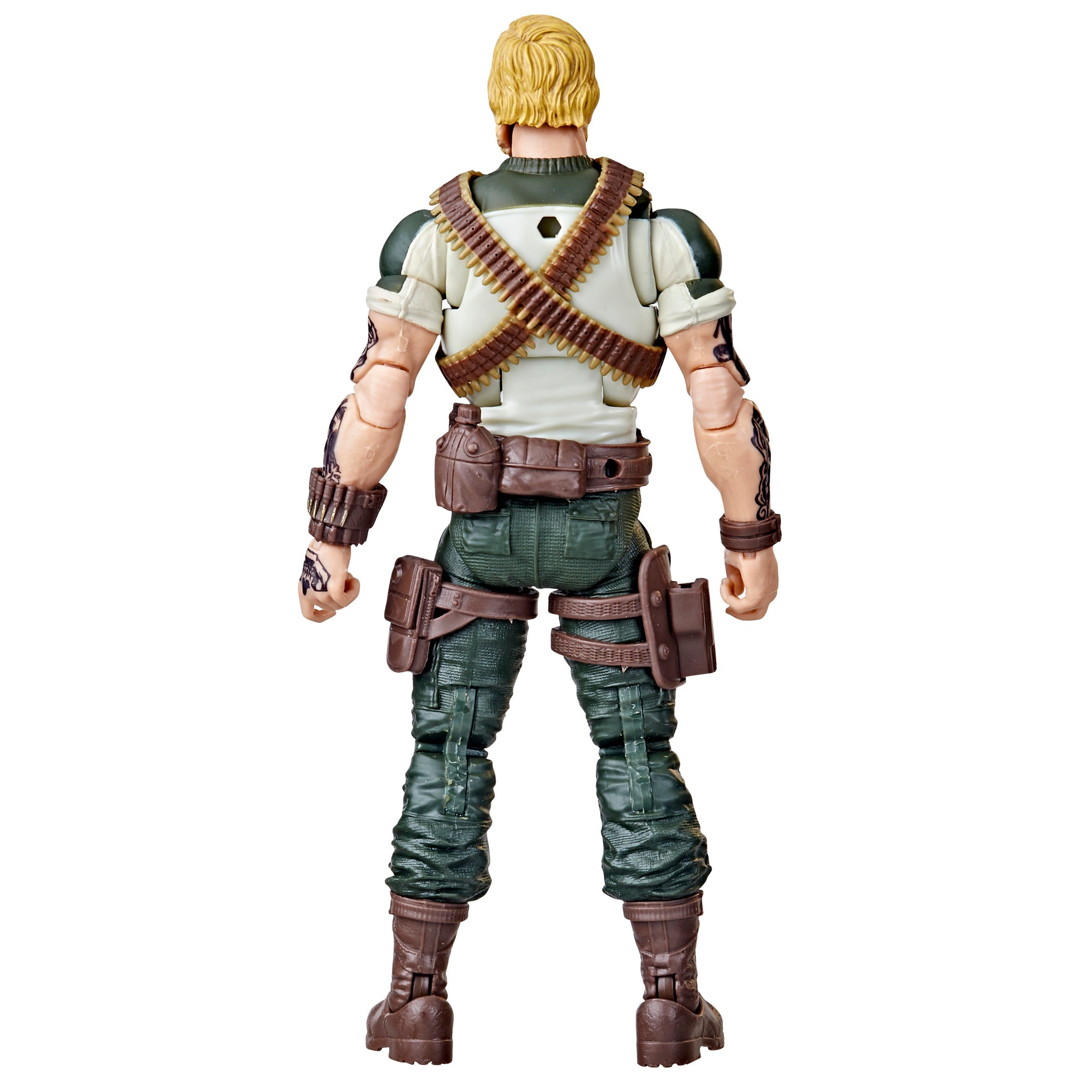 G.I. Joe Classified Series Rock 'N Roll white background detail back shot showing cross-body bandolier and tactical pouches