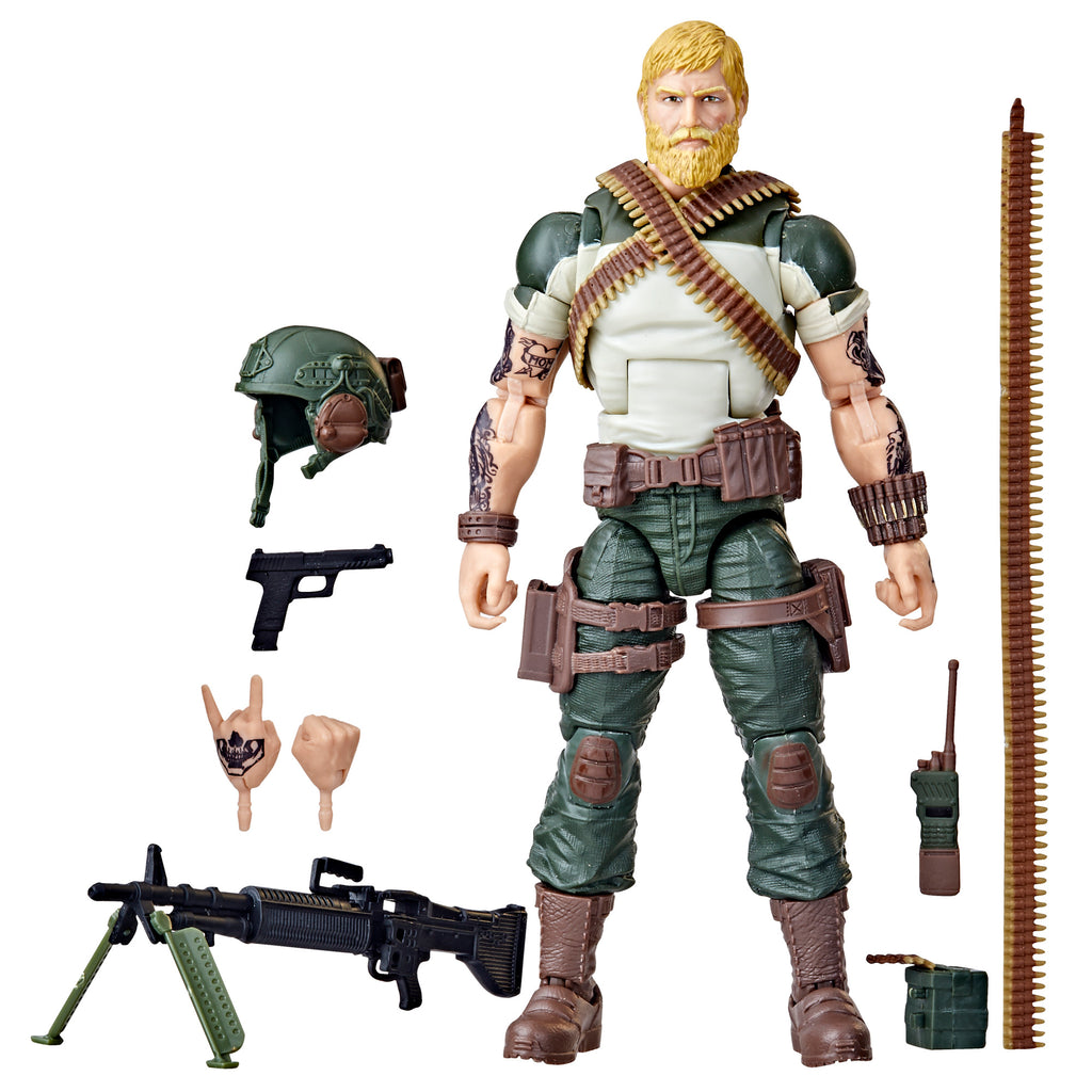 G.I. Joe Classified Series Rock 'N Roll white background main shot in white sleeveless shirt with cross-body ammo bandolier and skull tattoo arms