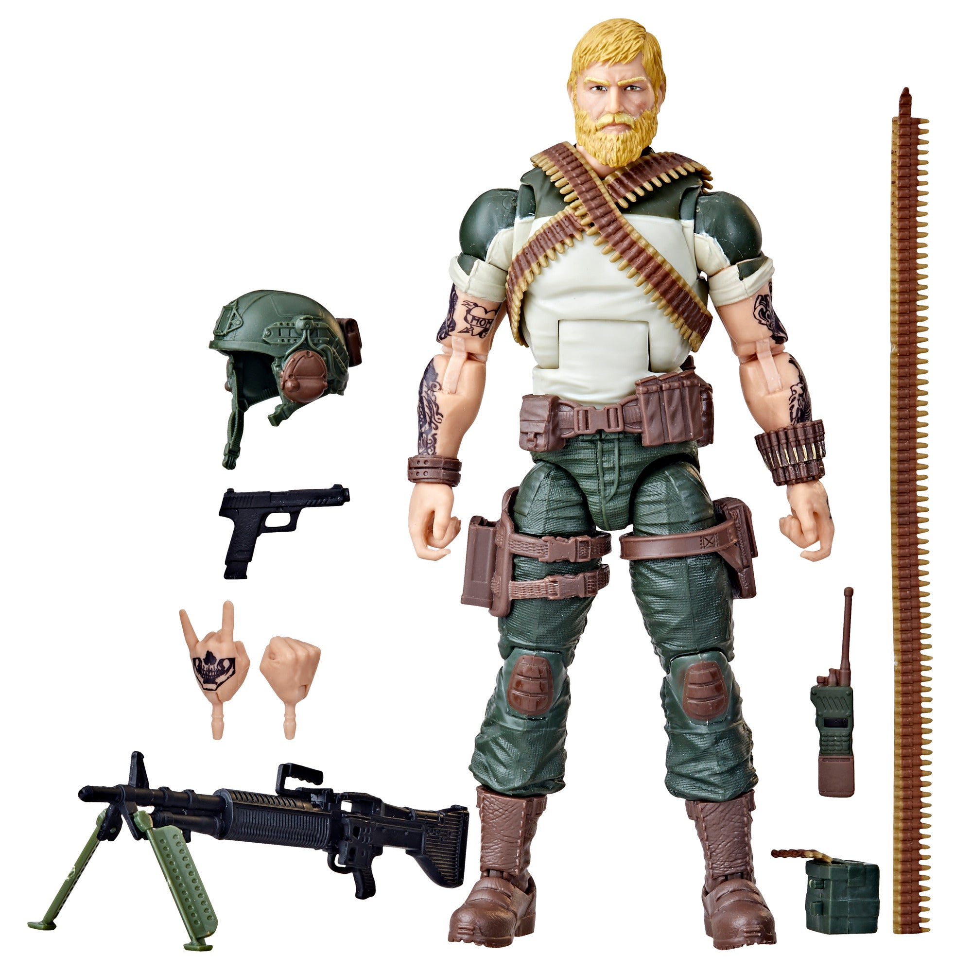 G.I. Joe Classified Series Rock 'N Roll white background main shot in white sleeveless shirt with cross-body ammo bandolier and skull tattoo arms