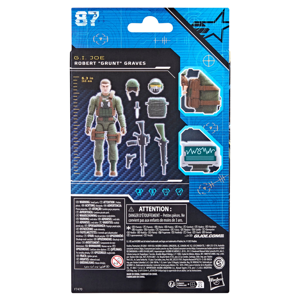 G.I. Joe Classified Series Grunt #87 box back showing figure scale and accessory layout