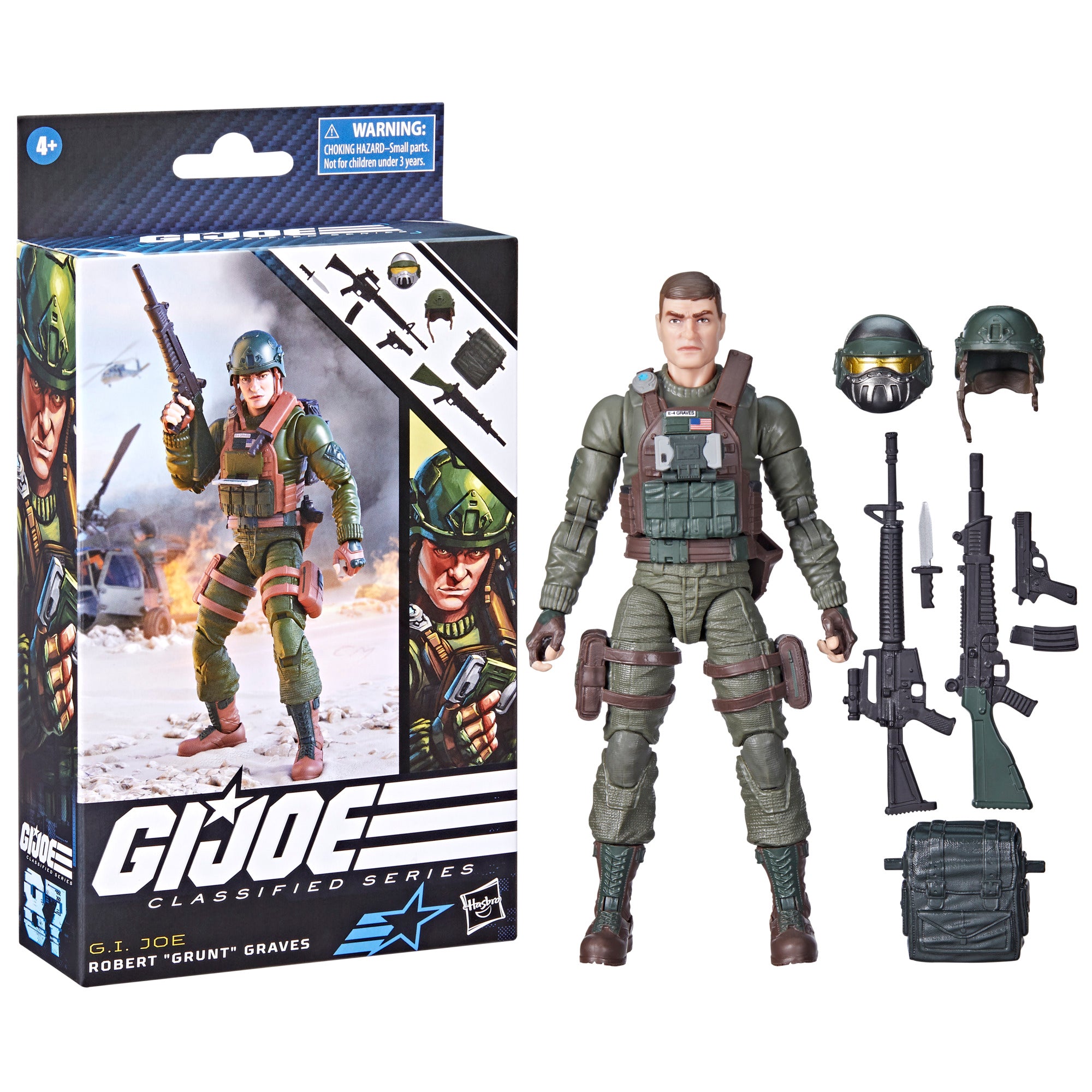 G.I. Joe Classified Series Grunt #87 white background combo flat lay with all 8 accessories including 2 helmets, fold-down TAD, knife, backpack and 3 weapons