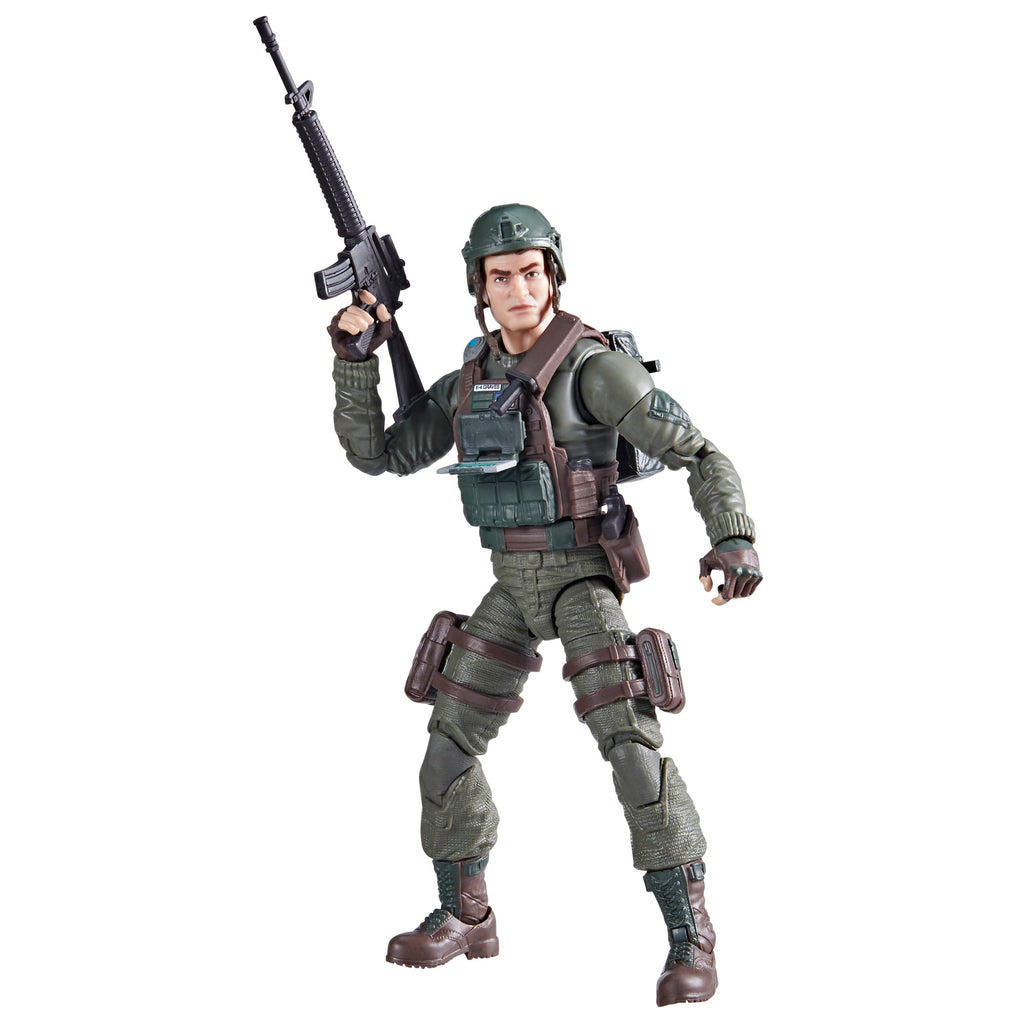 G.I. Joe Classified Series Grunt #87 white background detail front shot showing MOLLE plate carrier, E-4 GRAVES name tape and US flag patch