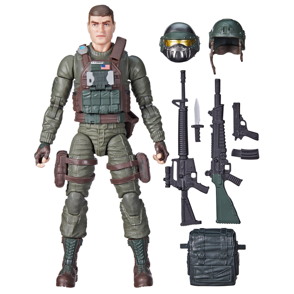 G.I. Joe Classified Series Grunt #87 white background main shot in OD green uniform with brown MOLLE plate carrier, E-4 GRAVES name tape and US flag patch