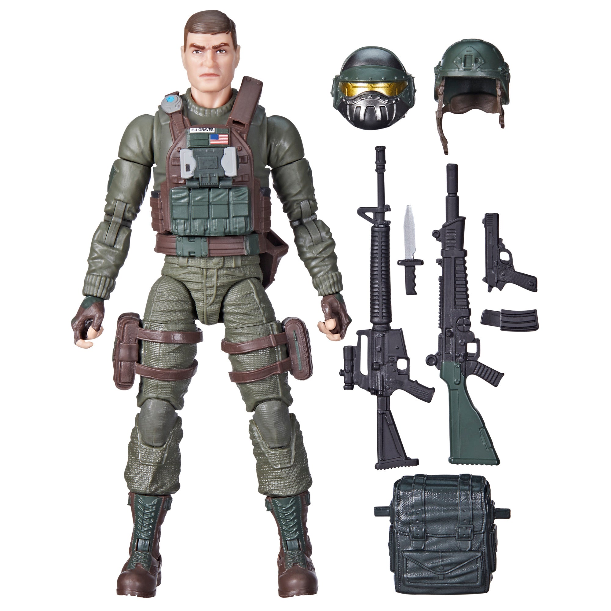 G.I. Joe Classified Series Grunt #87 white background main shot in OD green uniform with brown MOLLE plate carrier, E-4 GRAVES name tape and US flag patch