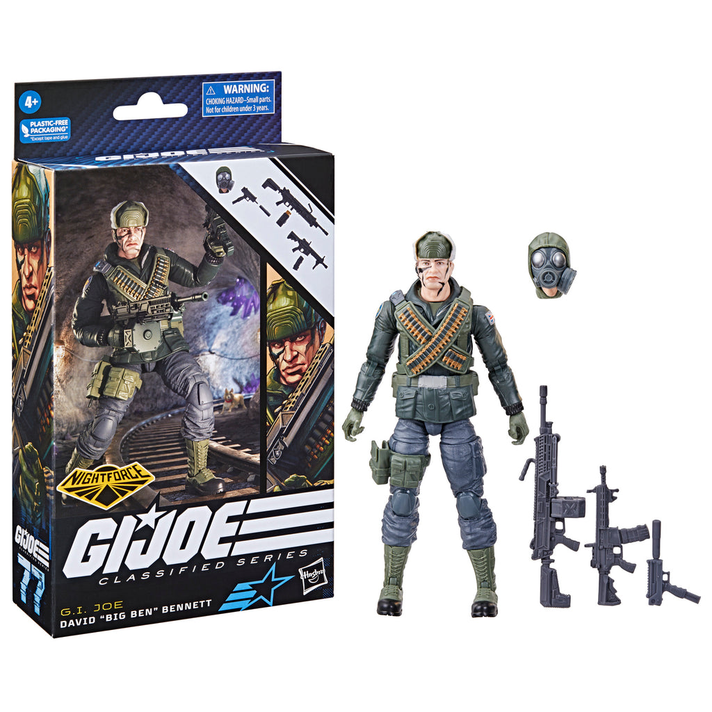 G.I. Joe Classified Series Nightforce Big Ben white background combo flat lay with 4 accessories: L86 LSW with bipod, assault carbine, pistol with silencer, gas mask alternate head