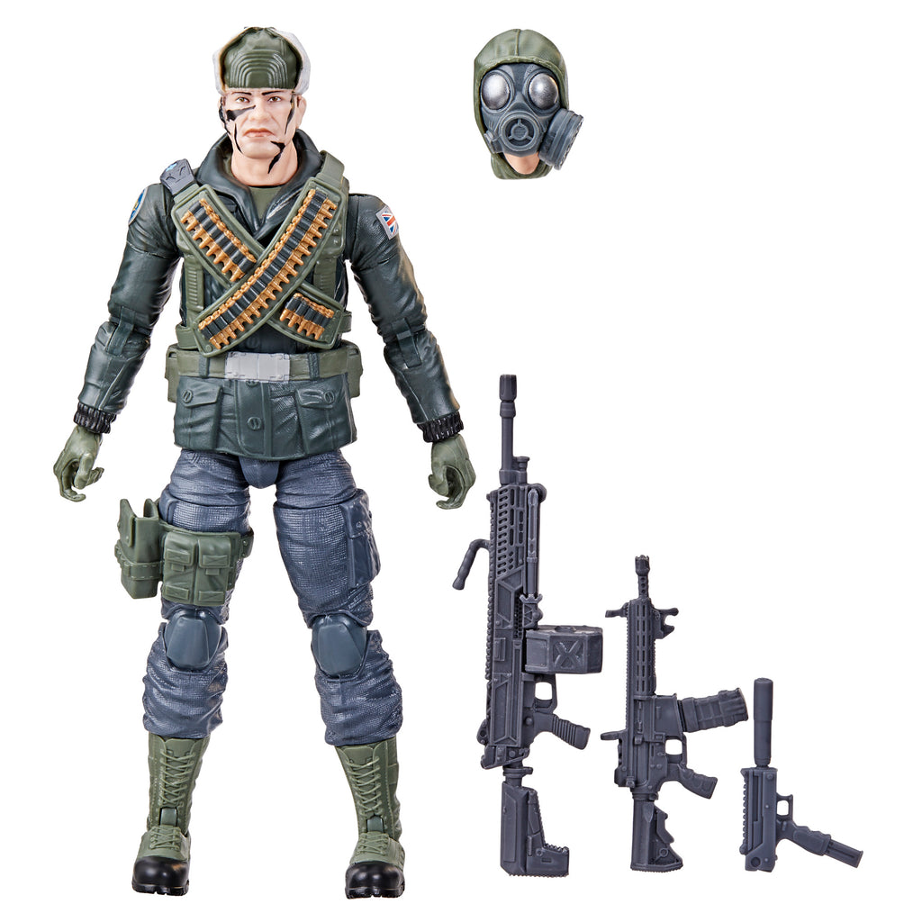 G.I. Joe Classified Series Nightforce Big Ben white background main shot in dark teal Nightforce suit with cross-body brass ammo bandolier and Union Jack shoulder patch