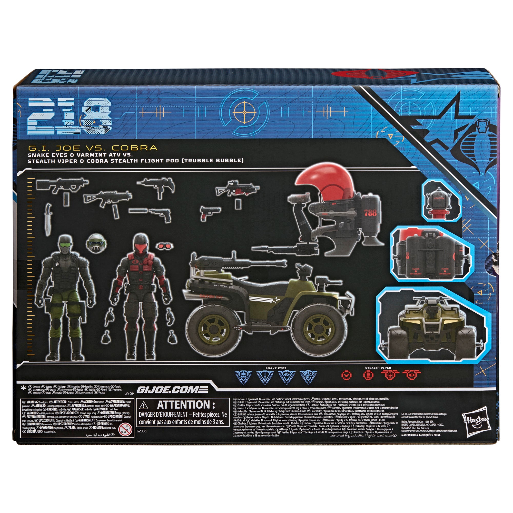 G.I. Joe Classified Series #218, Snake Eyes & Varmint ATV Vs. Stealth Viper & Cobra Stealth Flight Pod (Trubble Bubble), Two 6 Inch Action Figures & Two Vehicles