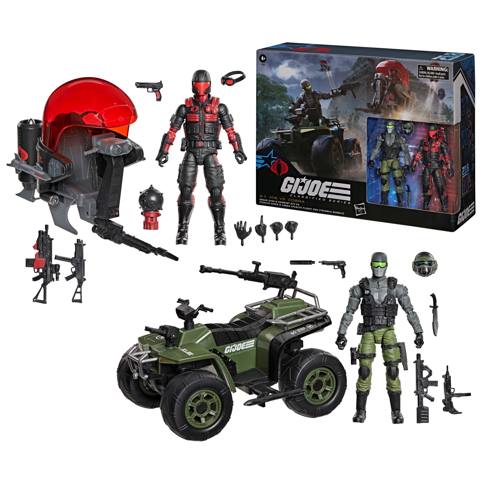 G.I. Joe Classified Series #218, Snake Eyes & Varmint ATV Vs. Stealth Viper & Cobra Stealth Flight Pod (Trubble Bubble), Two 6 Inch Action Figures & Two Vehicles
