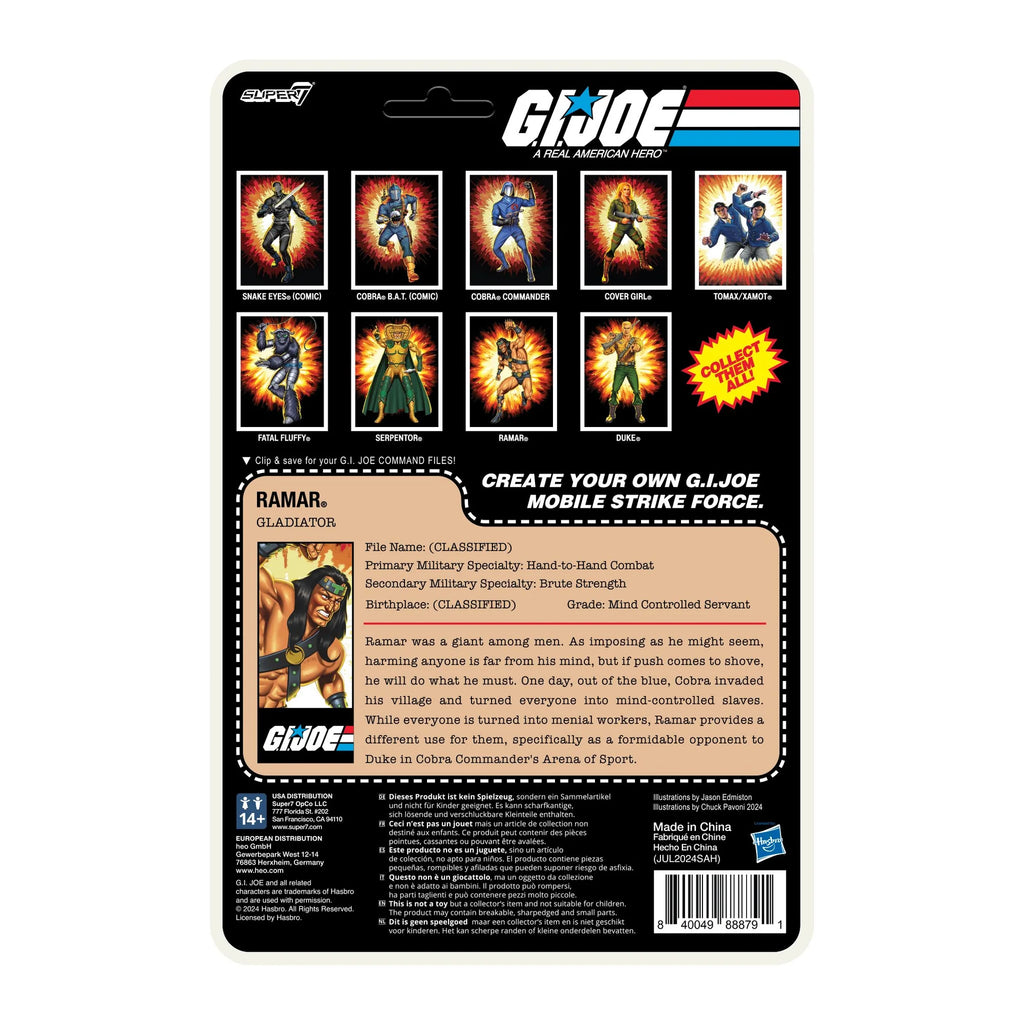 G.I. Joe ReAction+ Wave 2 Ramar cardback rear with file card – Gladiator, Hand-to-Hand Combat specialty, Mind Controlled Servant grade – Super7