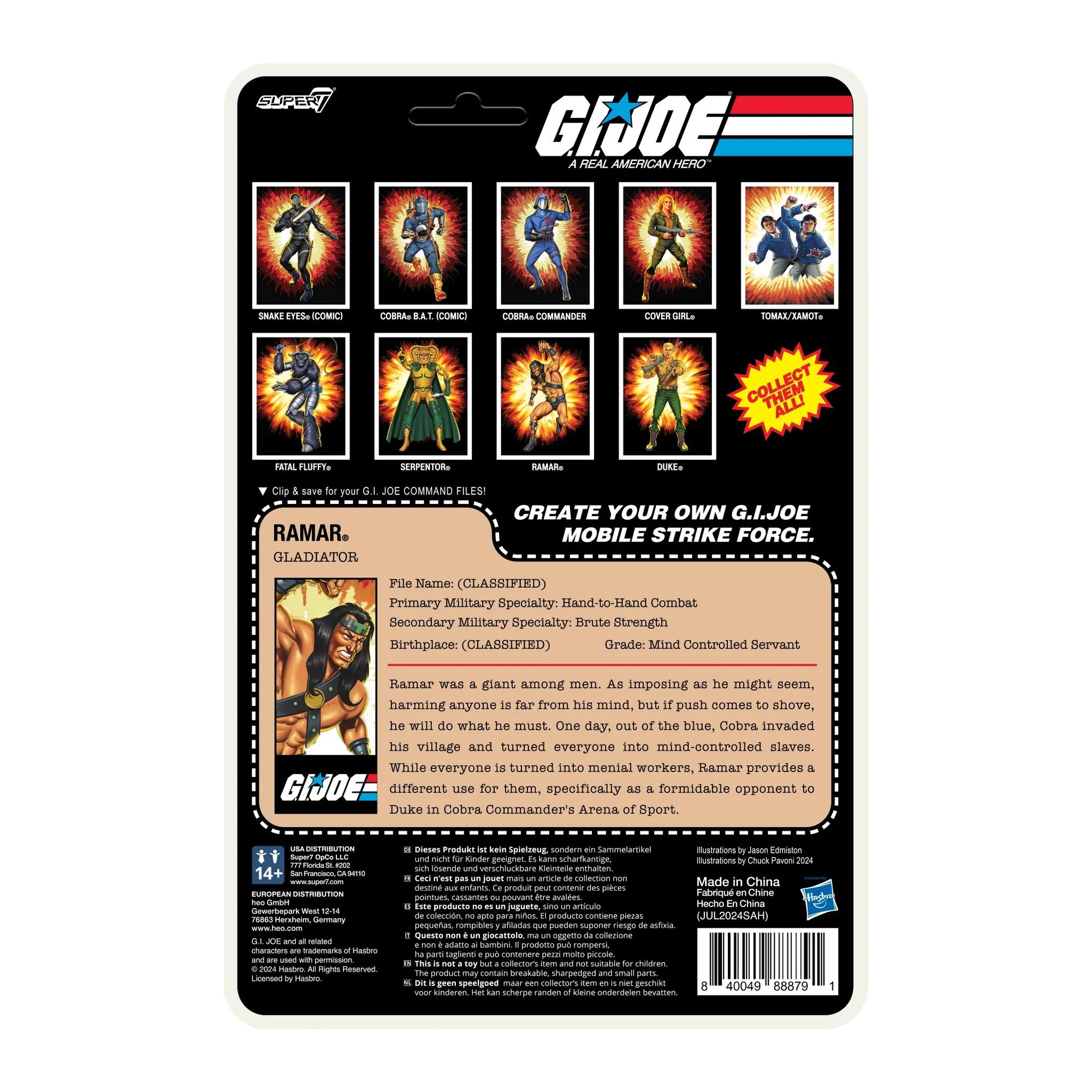 G.I. Joe ReAction+ Wave 2 Ramar cardback rear with file card – Gladiator, Hand-to-Hand Combat specialty, Mind Controlled Servant grade – Super7