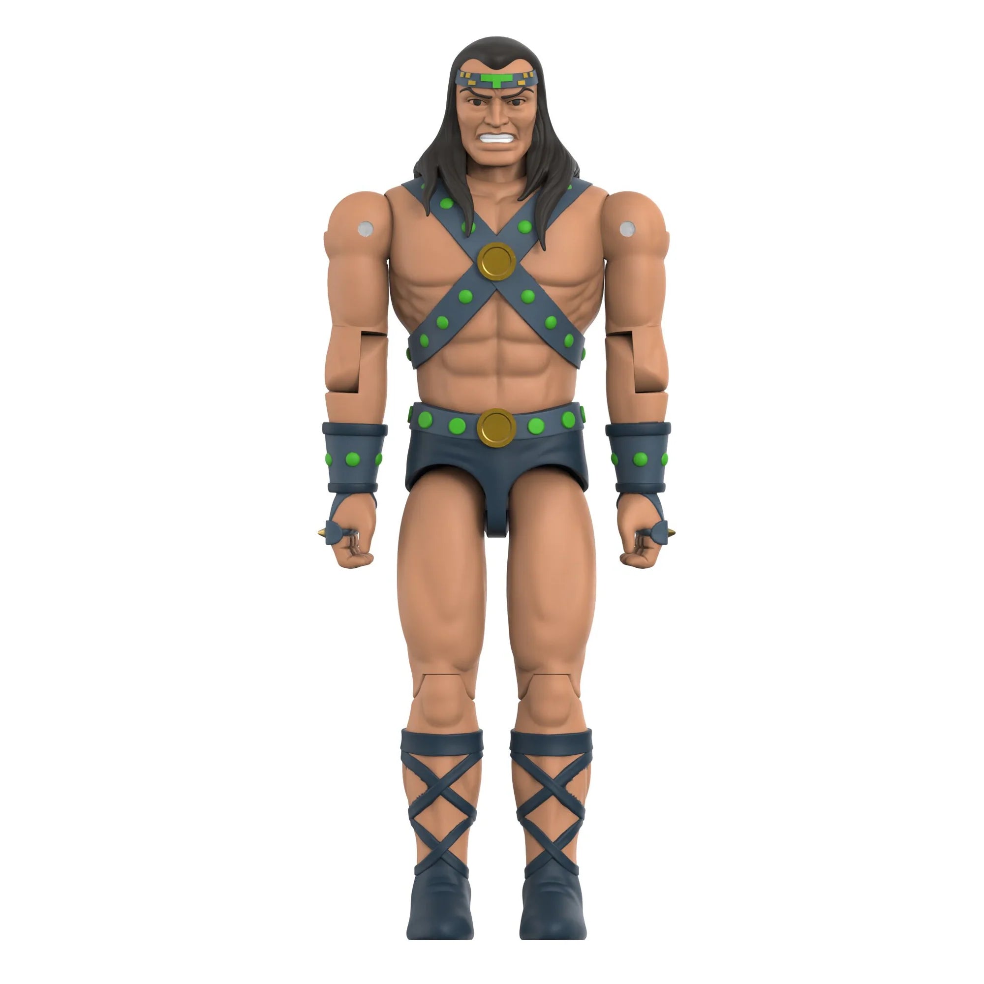 Ramar ReAction+ figure front view white background – green & gold gladiator harness, headband – Super7 G.I. Joe
