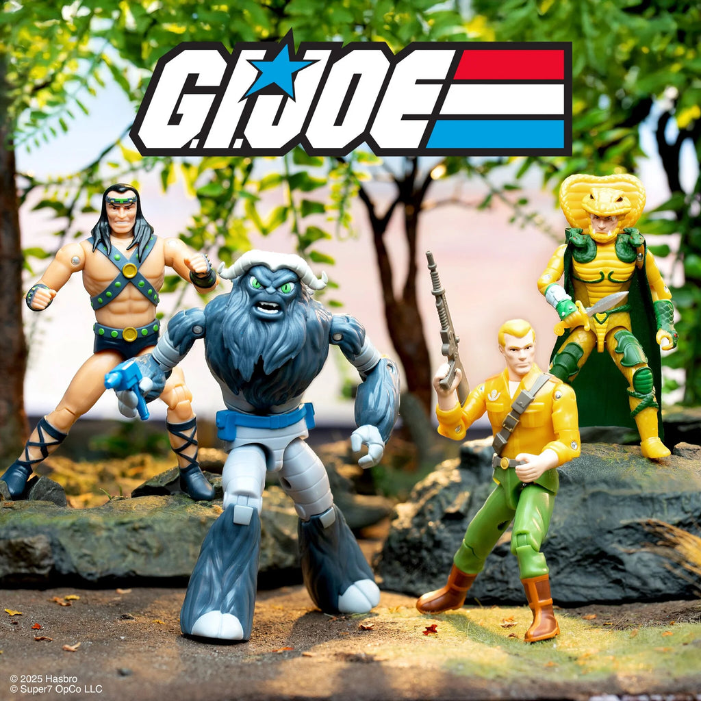 G.I. Joe ReAction+ Wave 2 group shot – Ramar, Fatal Fluffy, Duke, Serpentor figures in outdoor diorama – Super7 2025