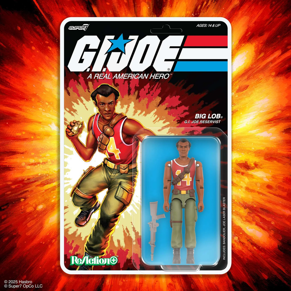 Big Lob ReAction+ figure on cardback with fiery explosion background – Super7 G.I. Joe Movie Wave 5