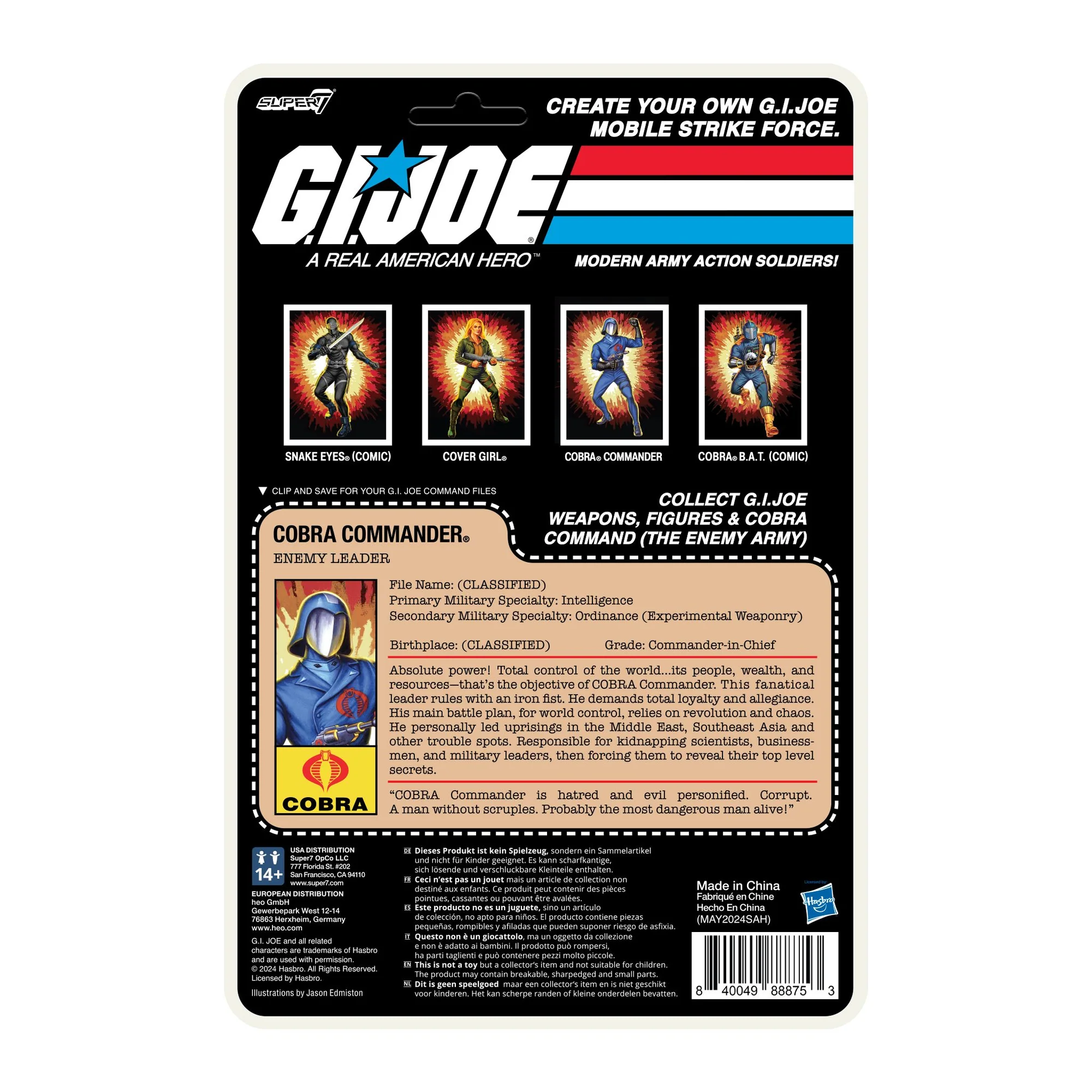 G.I. Joe ReAction+ Cobra Commander Cartoon cardback rear with file card – Enemy Leader, Intelligence specialty, Commander-in-Chief grade – Super7