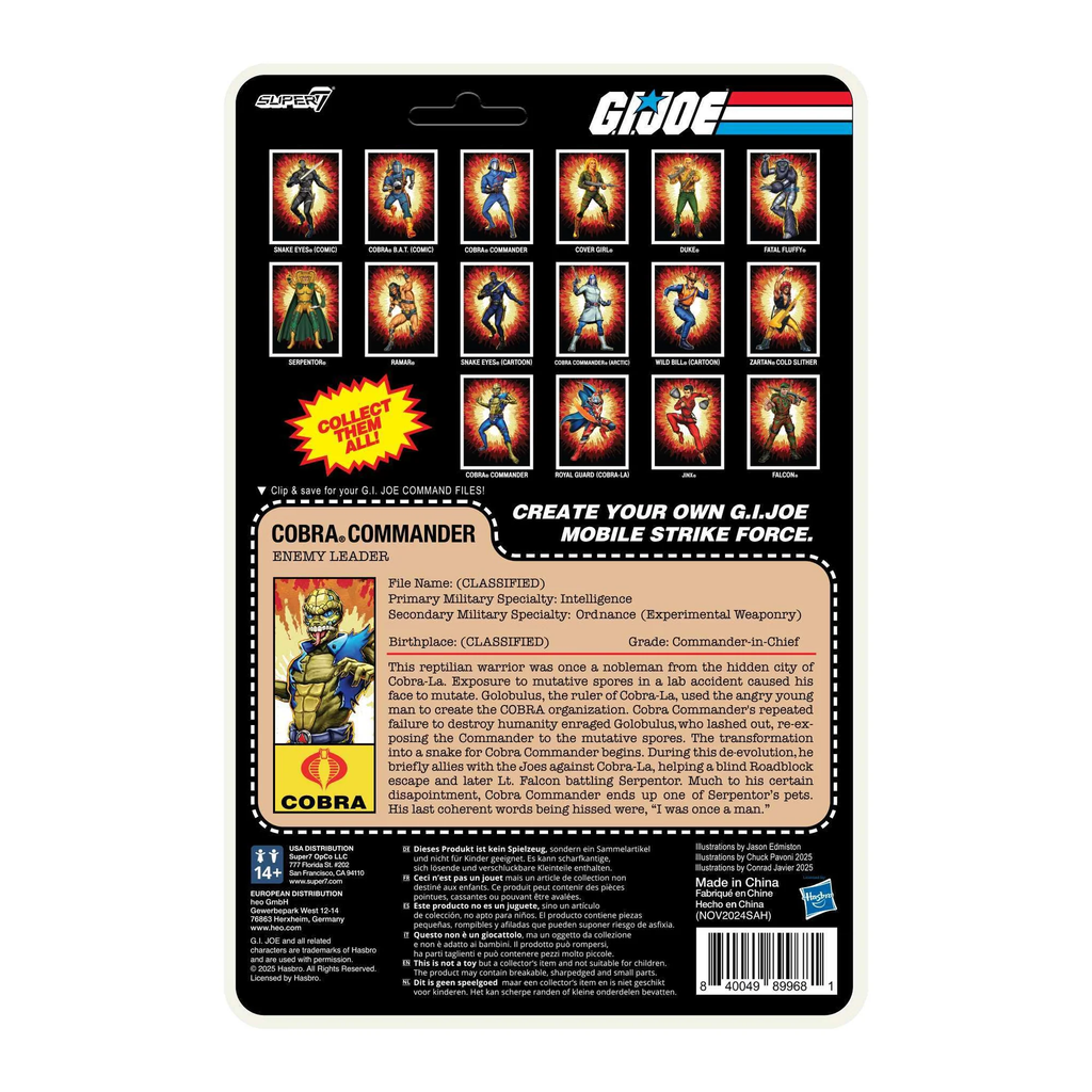 G.I. Joe ReAction+ Wave 4 Movie Collection cardback rear – Cobra Commander Once A Man file card, collect them all grid showing Royal Guard Cobra-La, Jinx, Falcon – Super7