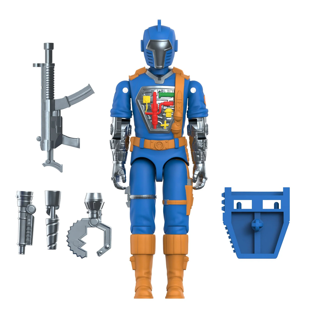 Cobra B.A.T. Comic Blue ReAction+ figure with all accessories – blaster, backpack, claw, torch, drill interchangeable hands – Super7 G.I. Joe