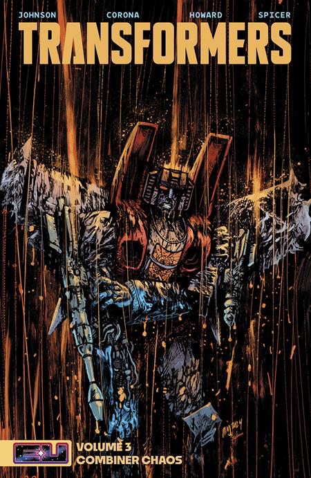Transformers Volume 3: Combiner Chaos trade paperback, standard cover by Daniel Warren Johnson and Mike Spicer, with gold lettering and dark robot artwork.