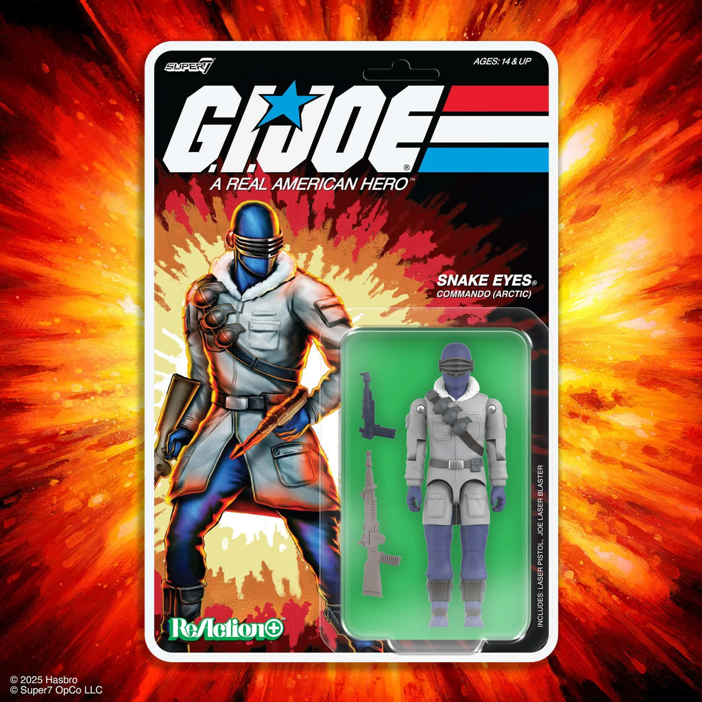 Snake Eyes Arctic ReAction+ figure on cardback with fiery explosion background – Super7 G.I. Joe Wave 5