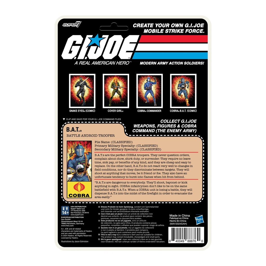 G.I. Joe ReAction+ Cobra B.A.T. Comic Blue cardback rear with B.A.T. file card – Battle Android Trooper, Cobra Enemy – Super7