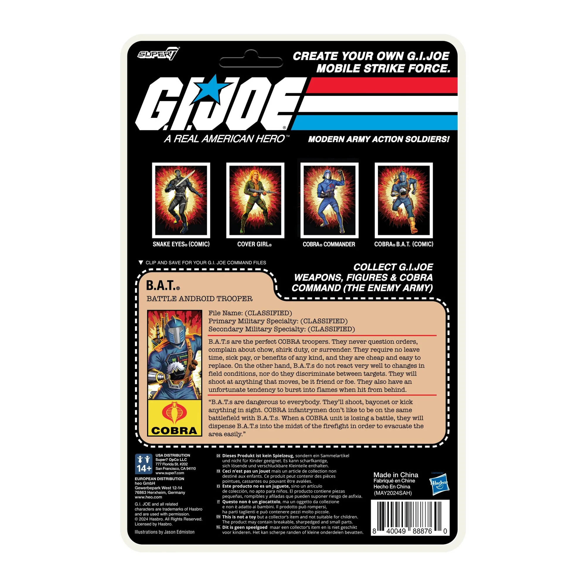 G.I. Joe ReAction+ Cobra B.A.T. Comic Blue cardback rear with B.A.T. file card – Battle Android Trooper, Cobra Enemy – Super7