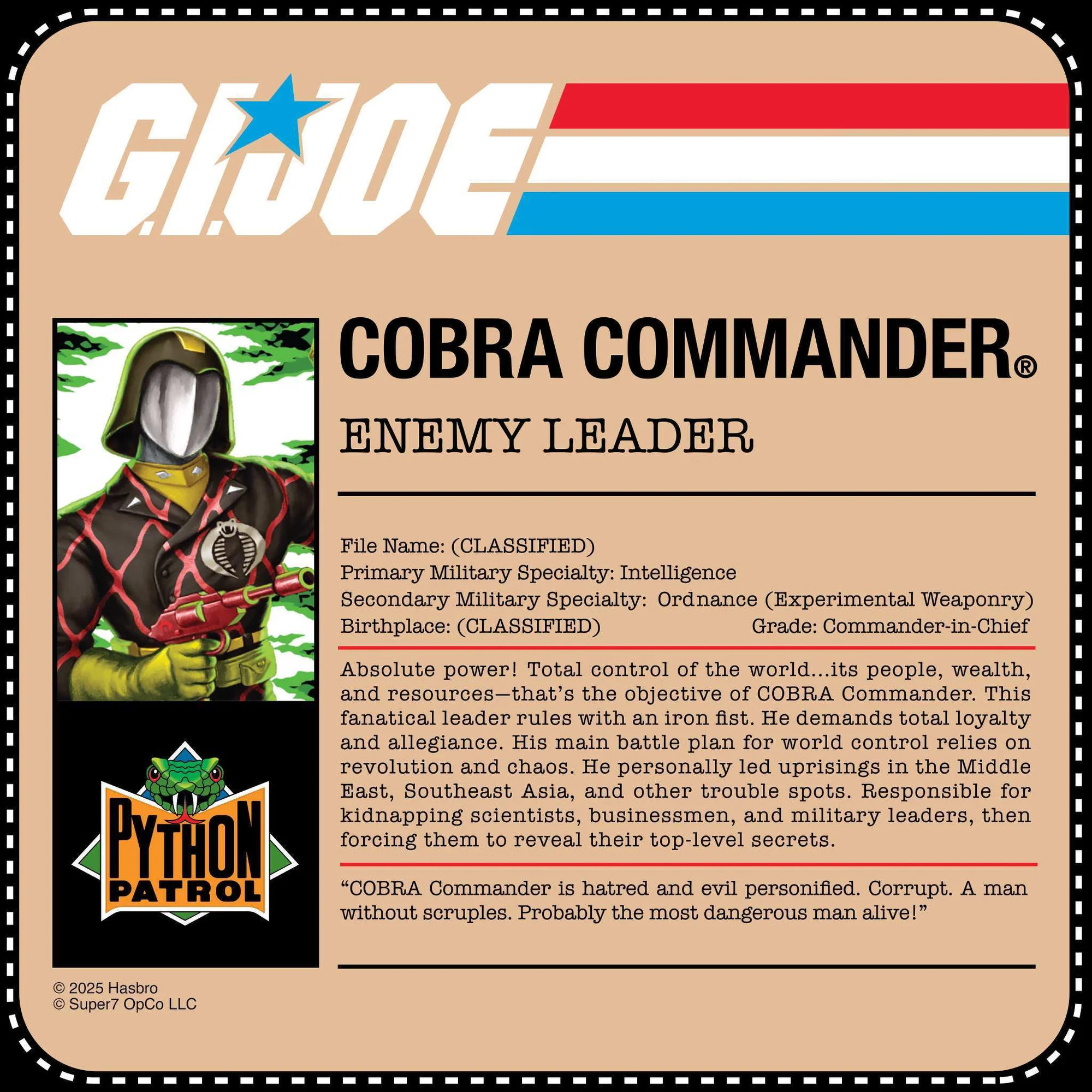 Cobra Commander Python Patrol file card – Enemy Leader, Intelligence specialty, Commander-in-Chief grade – Super7 G.I. Joe