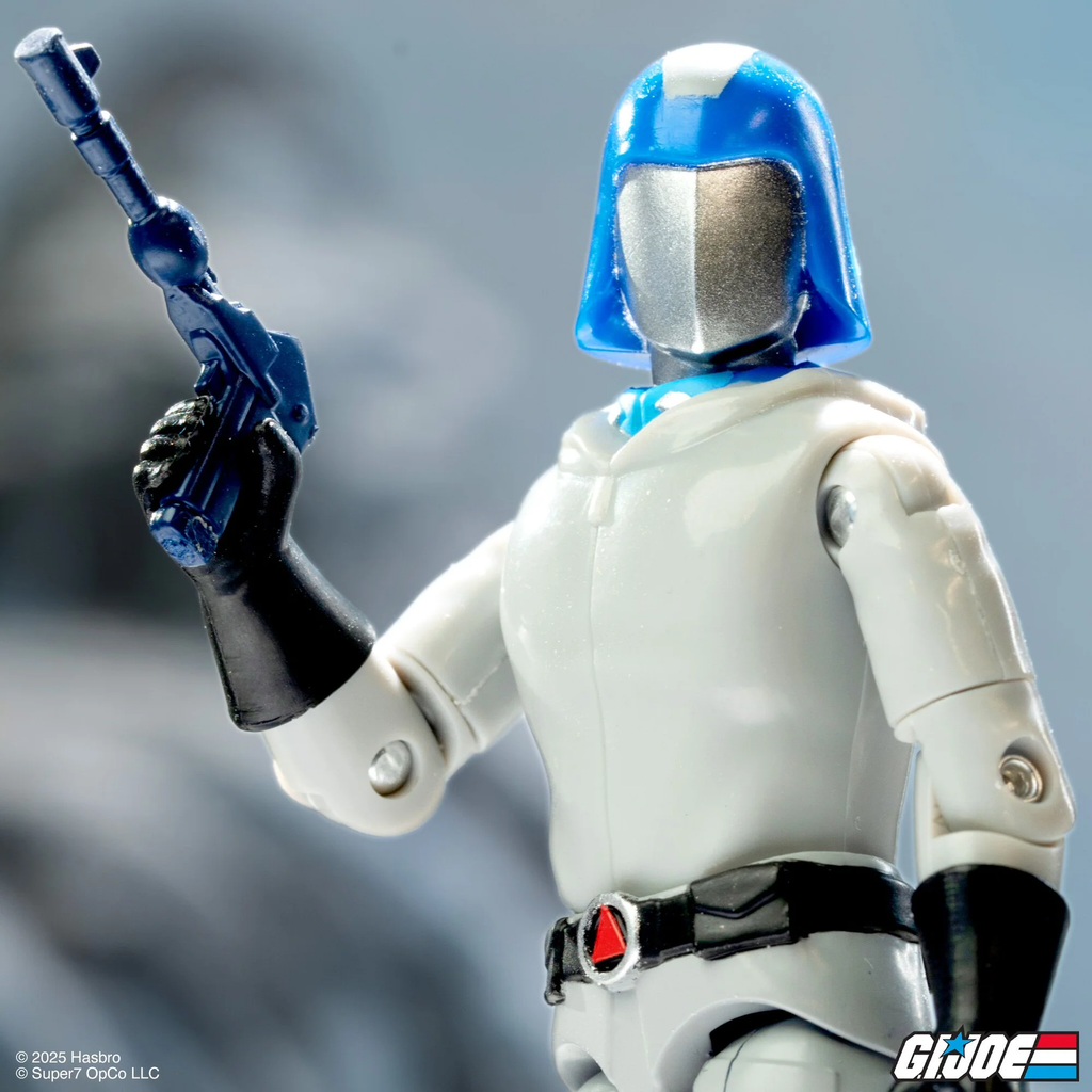 Cobra Commander Arctic ReAction+ figure close-up action pose with Commander Pistol raised – Super7 G.I. Joe