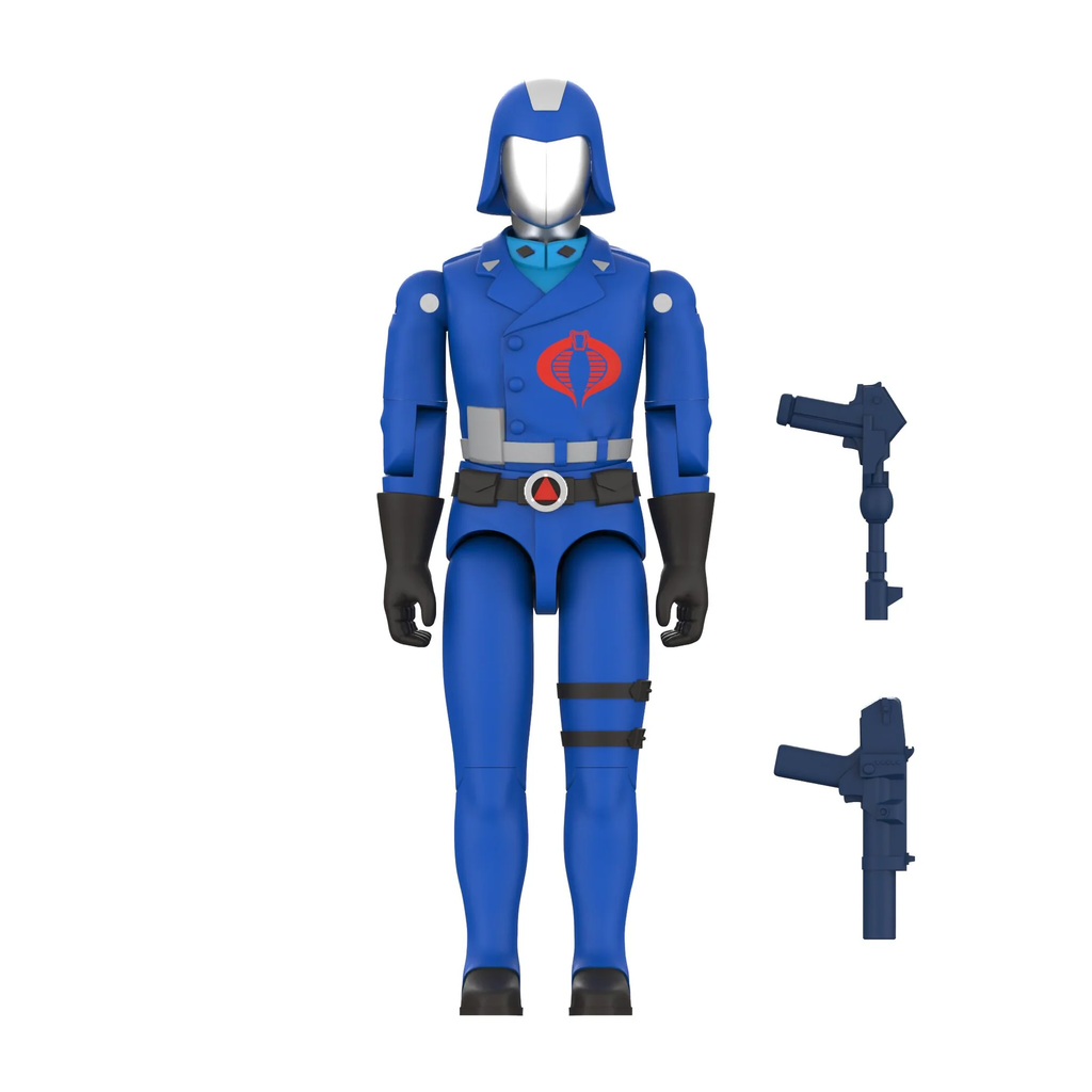 Cobra Commander Cartoon ReAction+ figure front view with Commander Pistol and Grenade Gun accessories – Super7 G.I. Joe