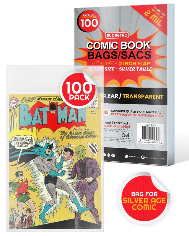 EVORETRO Silver Age Comic Book Bags 2 Mil OPP – Pack of 100, 7.25 x 10.5 inch with 2 inch flap, Batman comic shown