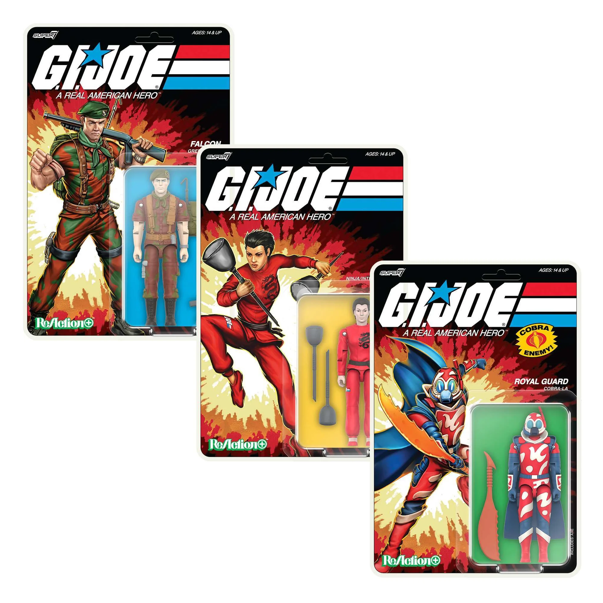 G.I. Joe ReAction+ Wave 4 Movie Collection group shot – Falcon, Jinx, Royal Guard Cobra-La figures on cardbacks – Super7 2025