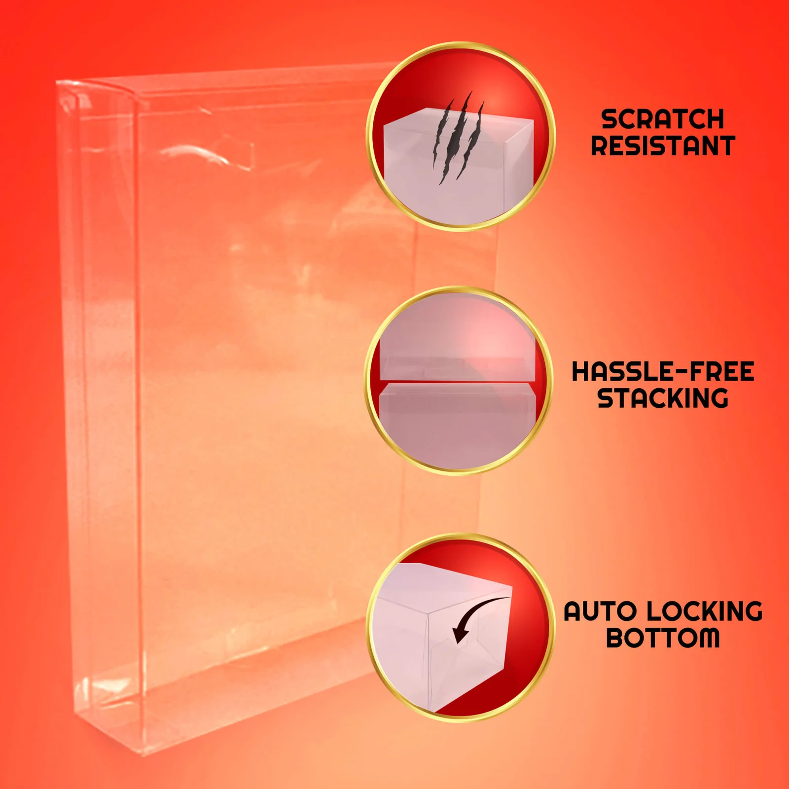 Scratch resistant, hassle-free stacking, auto-locking bottom features – EVORETRO display case protector