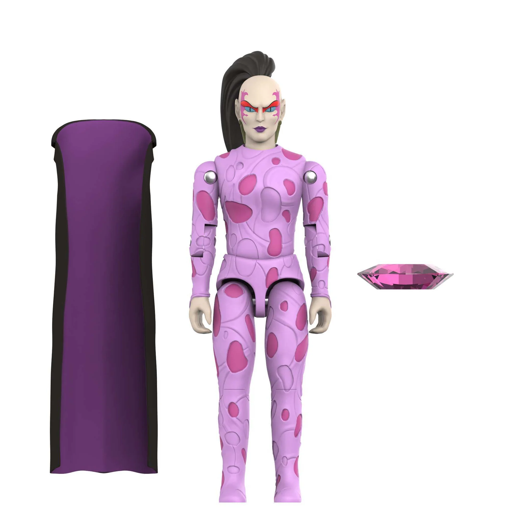 Pythona ReAction+ figure white background with soft goods cape removed showing all accessories – cape and Crystal gem – Super7 G.I. Joe