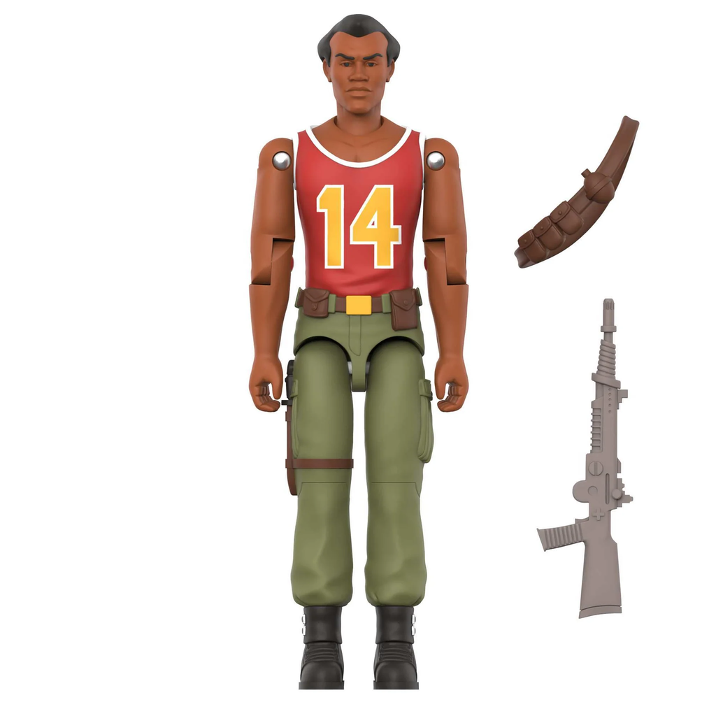 Big Lob ReAction+ figure front view white background with Bandolier and Joe Laser Blaster accessories – Super7 G.I. Joe Movie